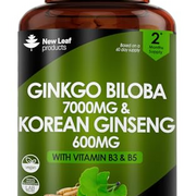 Ginkgo Biloba and Korean Ginseng Tablets - 7000mg Ginkgo Biloba Herbal Supplements & 600mg Panax Ginseng High Strength Ginseng Extract - Enriched with Vitamin B3 & B5-120 Vegan Tablets