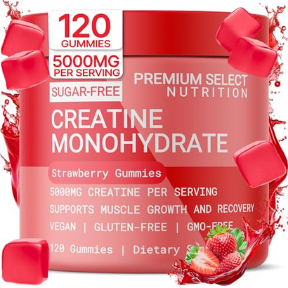 Creatine Monohydrate Gummies Strawberry for Men & Women, 100% Pure Creatine Gummies, 5g per Serving + Vegan, Sugar Free, No Bloat + Strength, Energy, Muscle Recovery + Growth & Booty Gain - 120 Count