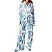 HYMCX Women 2 Piece Pleated Pants Set Floral Print Button Down Long Sleeve Shirt Blouses Tops Wide Leg Pants Streetwear (Color : Light blue B, Size : M)