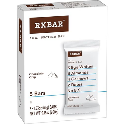RXBAR Protein Bars, 12g Protein, Gluten Free Snacks, Chocolate Chip, 9.15oz (5 Bars)