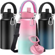LyriFine 40oz Sport Water Bottle with Paracord Handles & Strap, Straw Pink