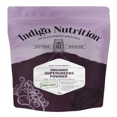 Indigo Herbs Organic Super Greens Powder 250g | Moringa, Spirulina, Chlorella, Wheatgrass, Barley Grass Mix