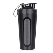 KLQQL Shaker Edelstahl Sport Wasserflasche Protein Bottle mit Sichtfenster BPA-freier Auslaufsicherer Deckel Schwarz, 700ml