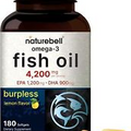 Omega 3 Fish Oil 4,200mg, 180 Burpless Softgels, Highly Purified EPA 1,200mg...