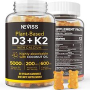 Vitamin D3 5000IU Gummies 125mcg with Calcium 600mg+K2( MK7 ) 200mcg, Coconut...