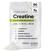 Complement Creatine Monohydrate Micronized Powder for Women and Men (5g per Serving, 60 Servings) Pre Workout, Post Workout Muscle Recovery, Brain Health, Longevity- Vegan, Unflavored- 2 Month Supply