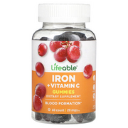 Lifeable, Iron + Vitamin C Gummies, Grape, 20 mg, 60 Count (10 mg per Gummy)