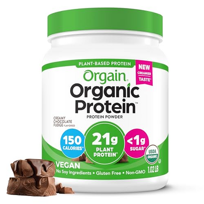 Orgain Organic Vegan Protein Powder, Creamy Chocolate Fudge - 21g Plant Protein, 6g Prebiotic Fiber, Low Net Carb, No Lactose Ingredients, No Added Sugar, Non-GMO, For Shakes & Smoothies, 1.02 lb