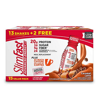 SlimFast Advanced Energy High Protein Meal Replacement Shake, Caramel Latte, 20g of Ready to Drink Protein with Caffeine, 11 Fl. Oz Bottle, 15 Count