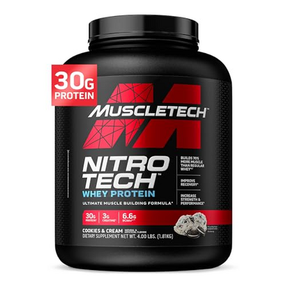 Whey Protein Pulver, MuscleTech Nitro-Tech Whey Protein Isolate & Peptides, Eiweißpulver für den Muskelaufbau, Proteinpulver für Männer und Frauen, Cookies and Cream, 1.81 kg (40 Portionen)