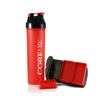 Core150® Attitude Shaker - Red - 35oz Protein Shaker Bottle. Contains easy stack removable storage with 3 compartments