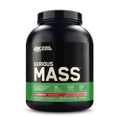 Optimum Nutrition Serious Mass Protein Powder with Creatine, Glutamine, 25 Vitamins & Minerals, High Calorie Mass Gainer, Strawberry Flavour, 8 Servings, 2.73kg, Packaging May Vary