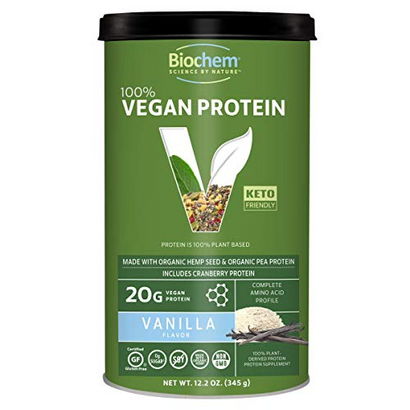 Biochem 100% Vegan Protein - Vanilla Flavor - 11.4 Ounce - Easily Digestible - Amino Acid - Cranberry - Hemp Seed - Pea Protein - Refreshing Taste - Supports Healthy Immune System.