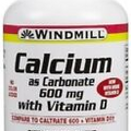 Windmill Calcium Carbonate 600 mg with Vitamin D Supplement Tablets 120 Count