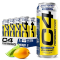 C4 Energy Carbonated Zero Sugar Energy Drink, Pre Workout Drink + Beta Alanine, Mango Foxtrot, 16 Fluid Ounce Cans (Pack of 12)