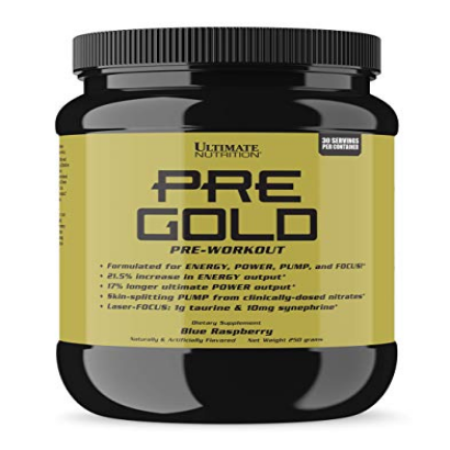 Ultimate Nutrition PRE Gold Preworkout Powder with Beta Alanine, Taurine, Citrulline, Vitamin C and Vitamin B6 - Pre Workout Energy Drink Supplement, 30 Servings, Blue Raspberry