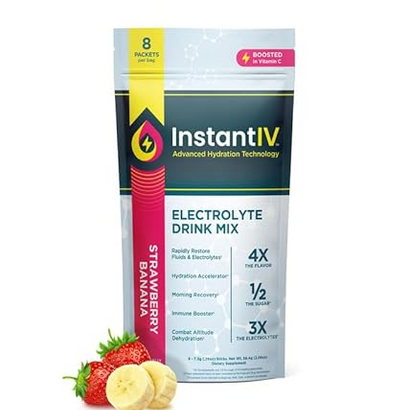 instant IV Electrolytes Powder - 3X Electrolytes,1/2 Sugar with Vitamin C, B3, B6, Electrolytes Powder Packets for Hydration, Recovery & Immunity, Vegan & Gluten Free | Strawberry Banana - 8 Packets